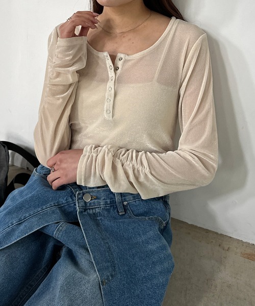 ANN DEMEULEMEESTERアン シースルーヘンリーネックロンT セール】シアーベロアヘンリーネックロンT（Tシャツ/カットソー
