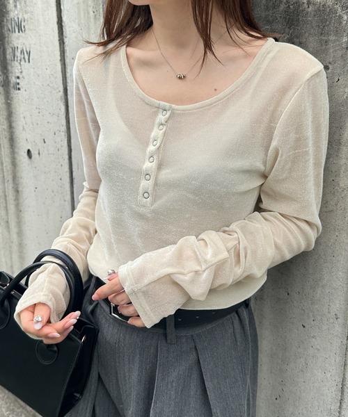 セール】［26SS新色追加］シアーベロアヘンリーネックロンT（Tシャツ