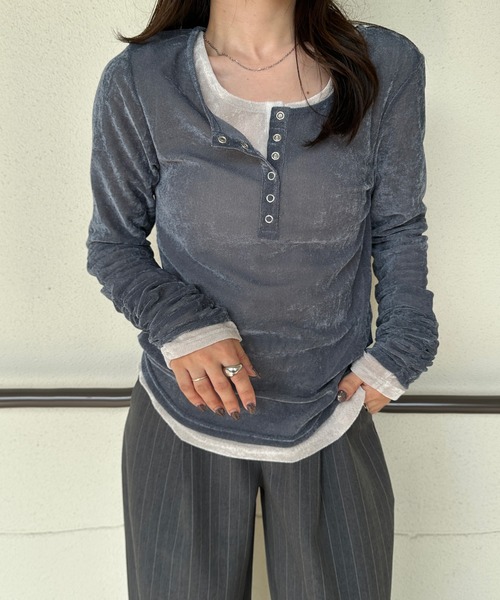 セール】シアーベロアヘンリーネックロンT（Tシャツ/カットソー