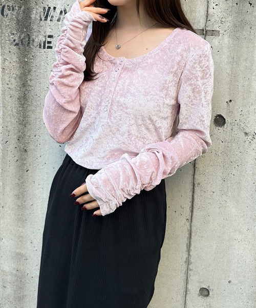 セール】［26SS新色追加］シアーベロアヘンリーネックロンT（Tシャツ