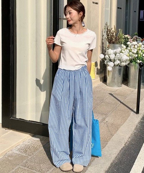 LAFFMO（ラフモ）の「ギンガムチェックワイドイージーパンツ（その他パンツ・レディース・ブラック/ブルー・M/L）」の15枚目の写真