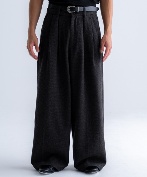 sinss ツイード 3タック ワイド スラックス L チャコール Tweed three tuck wide slacks / ツイード3タックワイドスラックス