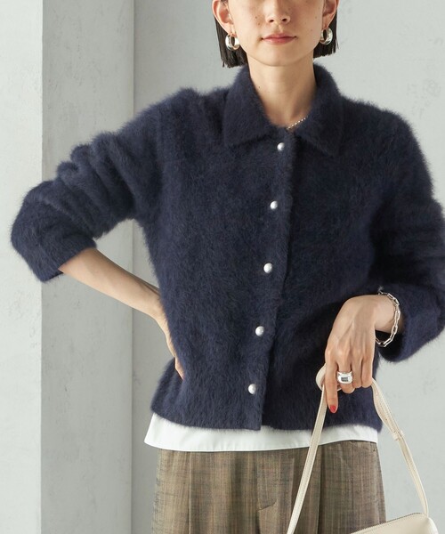 ドゥロワー★カシミヤ混　ペプラム　長袖　ニット　カーディガン　ネイビー titivate（ティティベイト） カーディガン ペプラムレイヤードニット