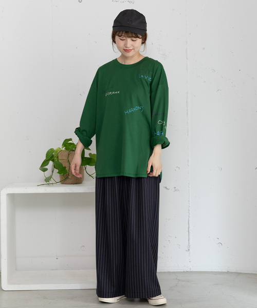 POU DOU DOU(プードゥドゥ)の「メッセージロゴブリントロンT(Tシャツ/カットソー・レディース・グリーン/ネイビー/オフホワイト・M)」の14枚目の写真