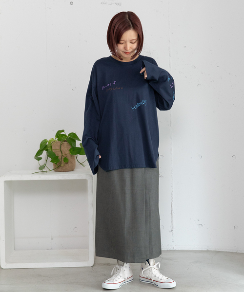 POU DOU DOU(プードゥドゥ)の「メッセージロゴブリントロンT(Tシャツ/カットソー・レディース・グリーン/ネイビー/オフホワイト・M)」の9枚目の写真