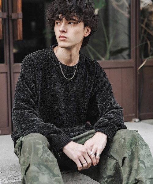 セール】ルーズシルエット アクリル/モールクルーネック長袖ニット