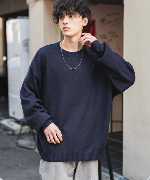 セール】ルーズシルエット アクリル/モールクルーネック長袖ニット