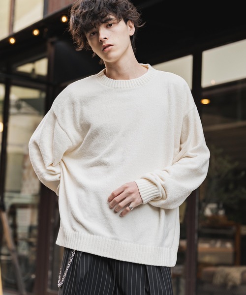 セール】ルーズシルエット アクリル/モールクルーネック長袖ニット
