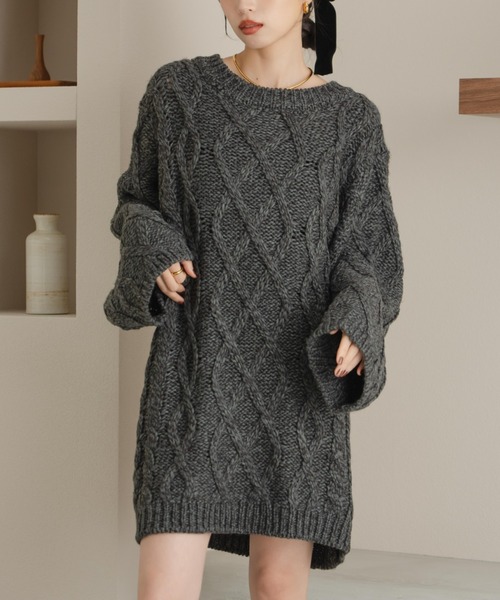 hinari ケーブル編みニットワンピース　チャコールグレー　新品未開封 ケーブル編みニットワンピ（ワンピース）｜hinari（ヒナリ）の