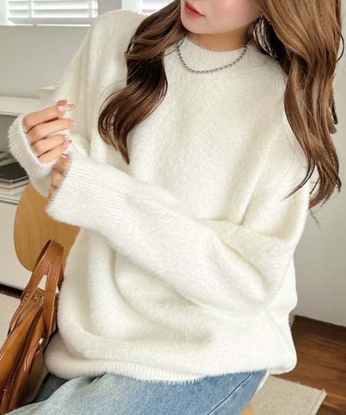 heve♡Tinker Knit white(ニット)ホワイト セール】シャギー クルーネック ビッグサイズ ニット（ニット/セーター