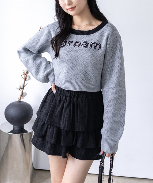 セール】ストーンロゴジャガードクロップドニットトップス［韓国