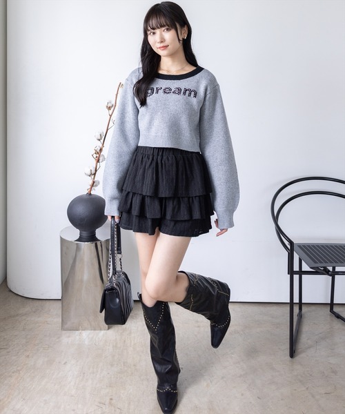 clear（クリア）の「ストーンロゴジャガードクロップドニットトップス［韓国ファッション ガーリー カジュアル］（ニット/セーター・レディース・ブラック/グレー/ピンク・F）」の6枚目の写真
