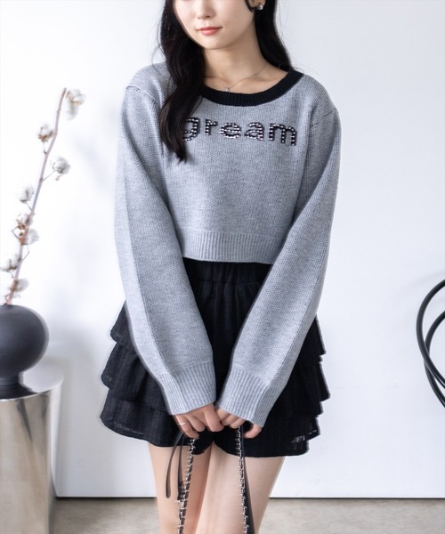 セール】ストーンロゴジャガードクロップドニットトップス［韓国