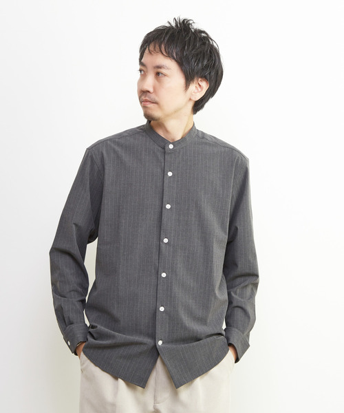 MEN'S MELROSE(メンズメルローズ)の「ウーリーピンストライプバンドカラーシャツ(シャツ/ブラウス・メンズ・ネイビー/グレー・2/3/4)」の1枚目の写真