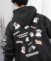 黒 フード付きトレーナー刺繍ロゴ付き フード付きスウェット-Foggy