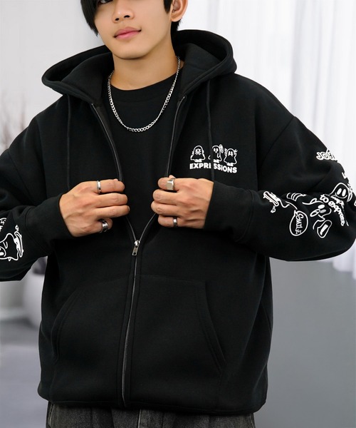 セール】ワイド ジップパーカー 裏起毛 長袖 グラフィック スウェット