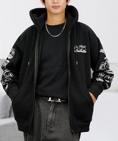 セール】ワイド ジップパーカー 裏起毛 長袖 グラフィック スウェット