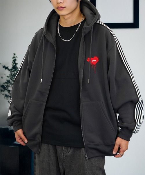 セール】ワイド ジップパーカー 裏起毛 長袖 グラフィック スウェット