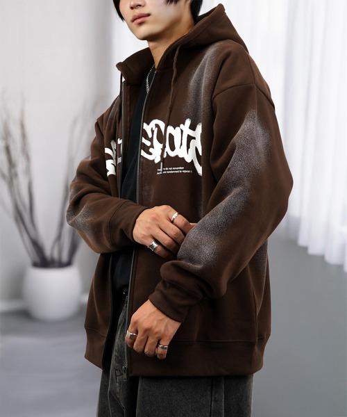 ワイド ジップパーカー 裏起毛 長袖 グラフィック スウェット 韓国系