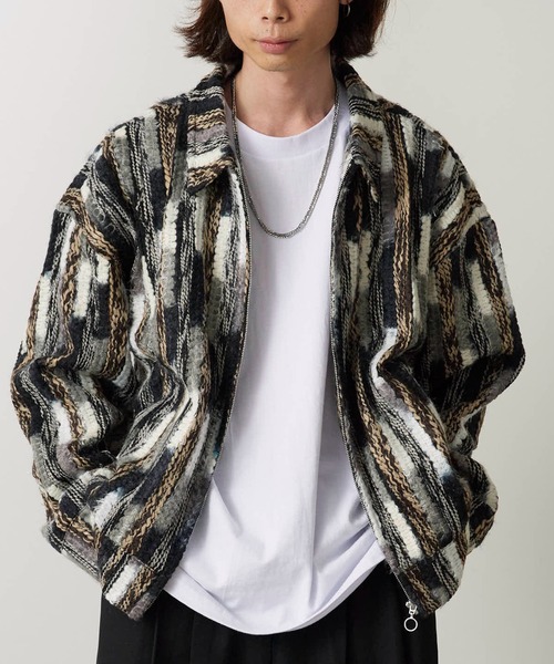 ストライプミックスニット ジップアップブルゾン（ブルゾン）｜ALL