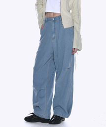 PLACE STUDIO（プレイススタジオ）の「Jacquard Stripe Pintuck Shirring Belted Wide Denim Cotton Pants [Light Blue]（デニムパンツ）」