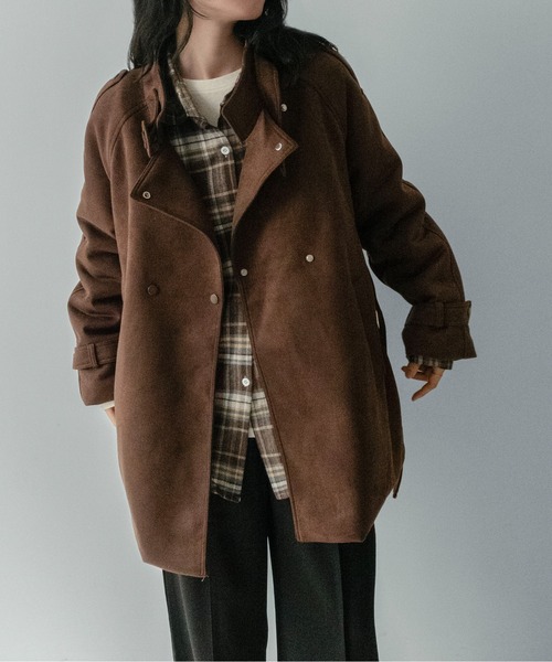 6.6万円ブラウン コート 未使用タグ付き（ムートン様）週末セール on:nue】[着用動画あり！] ベルト付きミディアム丈スエードファー