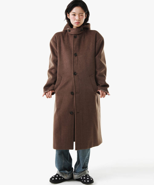 PIECEMAKER(ピースメーカー)の「HAND STITCH HOODIE MAXI WOOL COAT (BROWN)(チェスターコート・レディース・その他・MEDIUM/LARGE)」の1枚目の写真