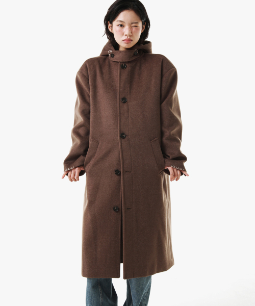 PIECEMAKER(ピースメーカー)の「HAND STITCH HOODIE MAXI WOOL COAT (BROWN)(チェスターコート・レディース・その他・MEDIUM/LARGE)」の2枚目の写真