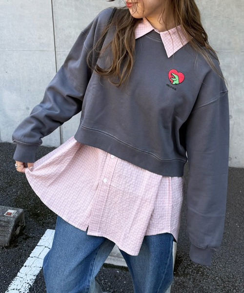 DOUBLE NAME（ダブルネーム）の「【m:rex】ハートモチーフショート丈プルオーバー（Tシャツ/カットソー・レディース・グリーン/ブラック系/オフホワイト・FREE）」の2枚目の写真