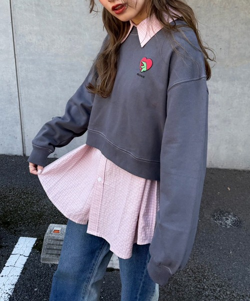DOUBLE NAME（ダブルネーム）の「【m:rex】ハートモチーフショート丈プルオーバー（Tシャツ/カットソー・レディース・グリーン/ブラック系/オフホワイト・FREE）」の12枚目の写真