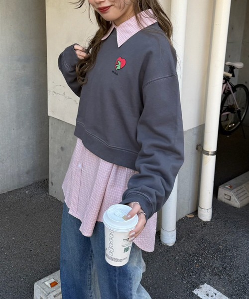 DOUBLE NAME（ダブルネーム）の「【m:rex】ハートモチーフショート丈プルオーバー（Tシャツ/カットソー・レディース・グリーン/ブラック系/オフホワイト・FREE）」の14枚目の写真