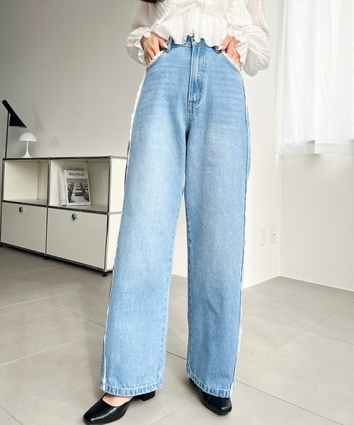 moment+(モーメントプラス)の「サイドレーストリミングストレートパンツ(デニムパンツ・レディース・ブラック/サックスブルー・M/S/L)」の15枚目の写真