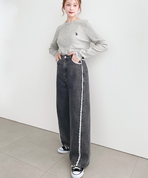 moment+(モーメントプラス)の「サイドレーストリミングストレートパンツ(デニムパンツ・レディース・ブラック/サックスブルー・M/S/L)」の14枚目の写真