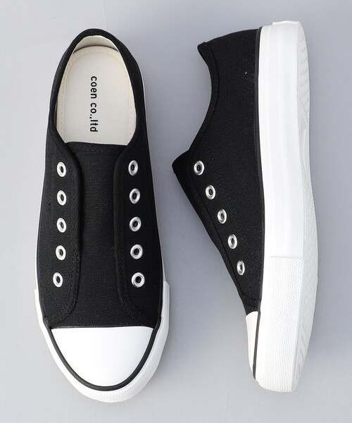 coen(コーエン)の「キャンバススリッポン(WEB限定サイズあり)(スリッポン・レディース・オフホワイト/ブラック・22.5cm/23cm/23.5cm/24cm/24.5cm)」の2枚目の写真