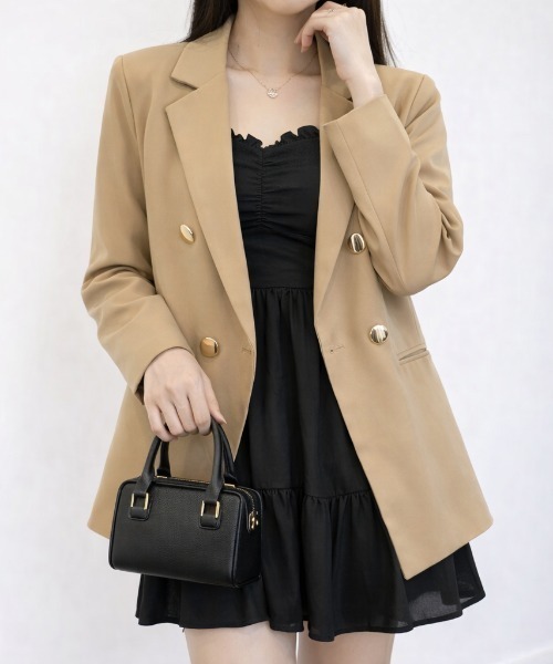 セール】【春夏新作】ゴールド釦ゆったりダブルジャケット（テーラード