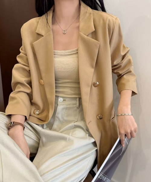 セール】【春夏新作】ゴールド釦ゆったりダブルジャケット（テーラード