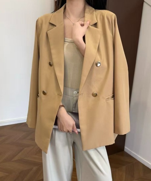 セール】【春夏新作】ゴールド釦ゆったりダブルジャケット（テーラード