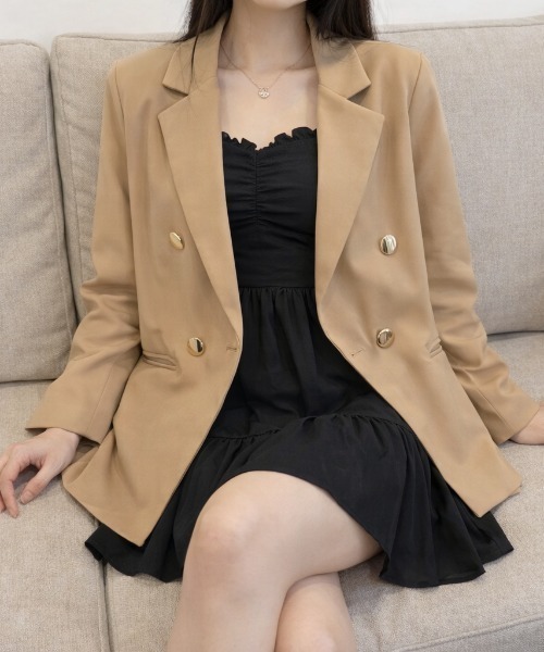 セール】【春夏新作】ゴールド釦ゆったりダブルジャケット（テーラード