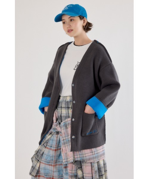 RODEO CROWNS WIDE BOWL（ロデオクラウンズワイドボウル）の「ダブルフェイスニットジャケット（カーディガン/ボレロ・レディース・チャコールグレー/グレー×ホワイト/オレンジ・FREE）」の9枚目の写真