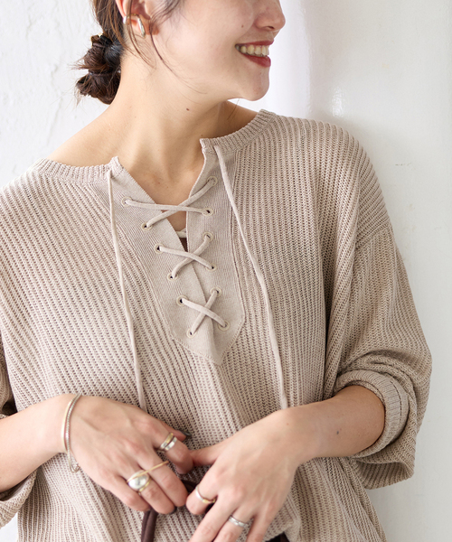 JOURNAL STANDARD(ジャーナルスタンダード)の「メッシュレースアップニット(ニット/セーター・レディース・ホワイト/ベージュ・FREE)」の1枚目の写真