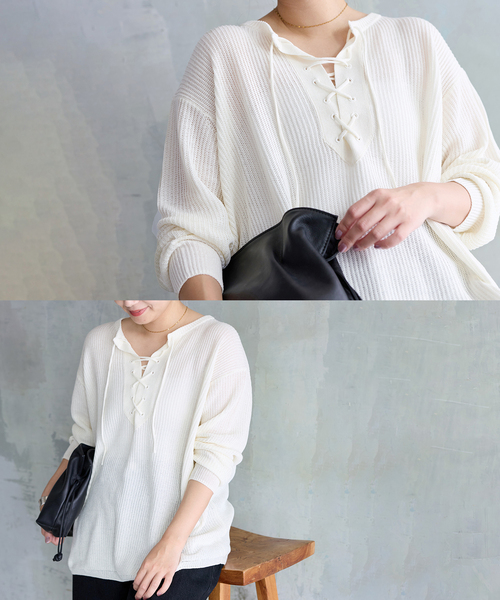 JOURNAL STANDARD(ジャーナルスタンダード)の「メッシュレースアップニット(ニット/セーター・レディース・ホワイト/ベージュ・FREE)」の2枚目の写真