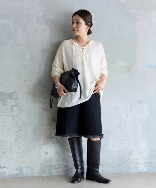 JOURNAL STANDARD(ジャーナルスタンダード)の「メッシュレースアップニット(ニット/セーター・レディース・ホワイト/ベージュ・FREE)」の3枚目の写真