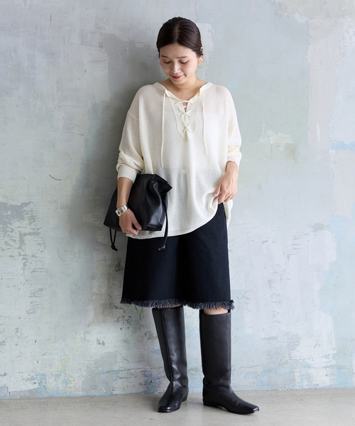 JOURNAL STANDARD(ジャーナルスタンダード)の「メッシュレースアップニット(ニット/セーター・レディース・ホワイト/ベージュ・FREE)」の5枚目の写真