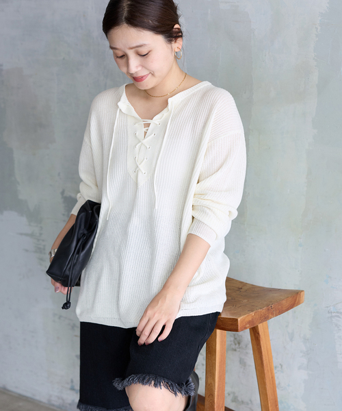 JOURNAL STANDARD(ジャーナルスタンダード)の「メッシュレースアップニット(ニット/セーター・レディース・ホワイト/ベージュ・FREE)」の8枚目の写真