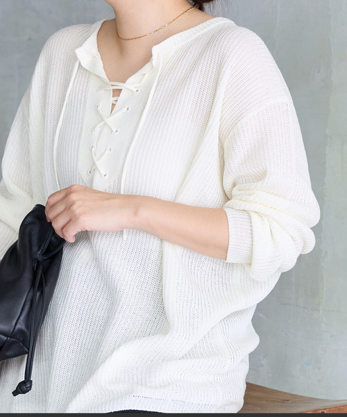 JOURNAL STANDARD(ジャーナルスタンダード)の「メッシュレースアップニット(ニット/セーター・レディース・ホワイト/ベージュ・FREE)」の9枚目の写真