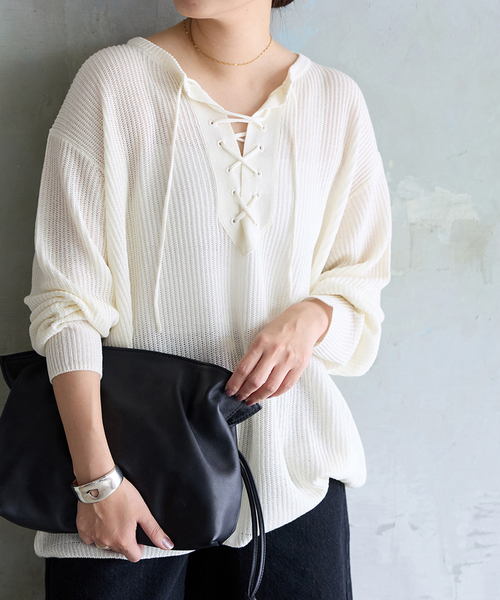 JOURNAL STANDARD(ジャーナルスタンダード)の「メッシュレースアップニット(ニット/セーター・レディース・ホワイト/ベージュ・FREE)」の10枚目の写真