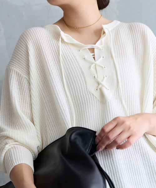 JOURNAL STANDARD(ジャーナルスタンダード)の「メッシュレースアップニット(ニット/セーター・レディース・ホワイト/ベージュ・FREE)」の11枚目の写真