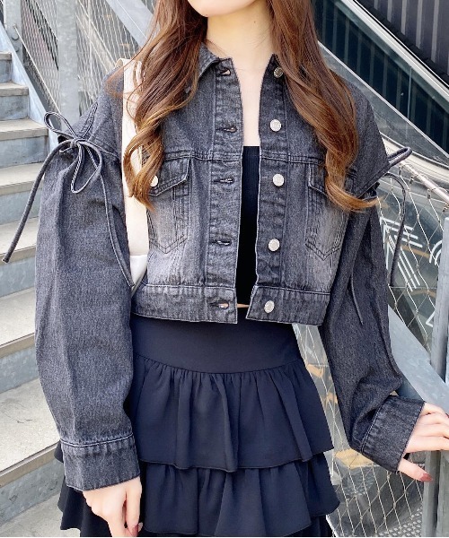 INGNI（イング）の「袖リボンクロップド丈Gジャン（デニムジャケット・レディース・ブルー系その他3/グレー/ブルー系その他・M）」の2枚目の写真