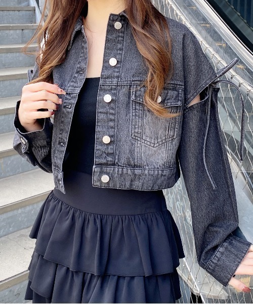 INGNI（イング）の「袖リボンクロップド丈Gジャン（デニムジャケット・レディース・ブルー系その他3/グレー/ブルー系その他・M）」の6枚目の写真