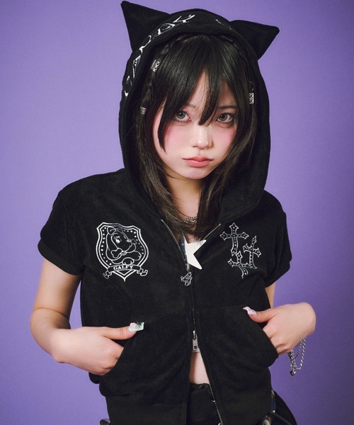 GALFY(ガルフィー)の「【GALFY】VIVI★GALパーカー / 【ガルフィー】猫耳ギャル半袖ジップパーカー(パーカー・レディース・ブラック/ピンク・ONE SIZE)」の4枚目の写真